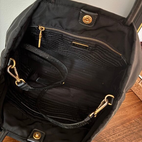 Vintage Prada Tessuto Nylon Tote – Black with Gold Hardware, Classic Logo - Picture 4 of 8